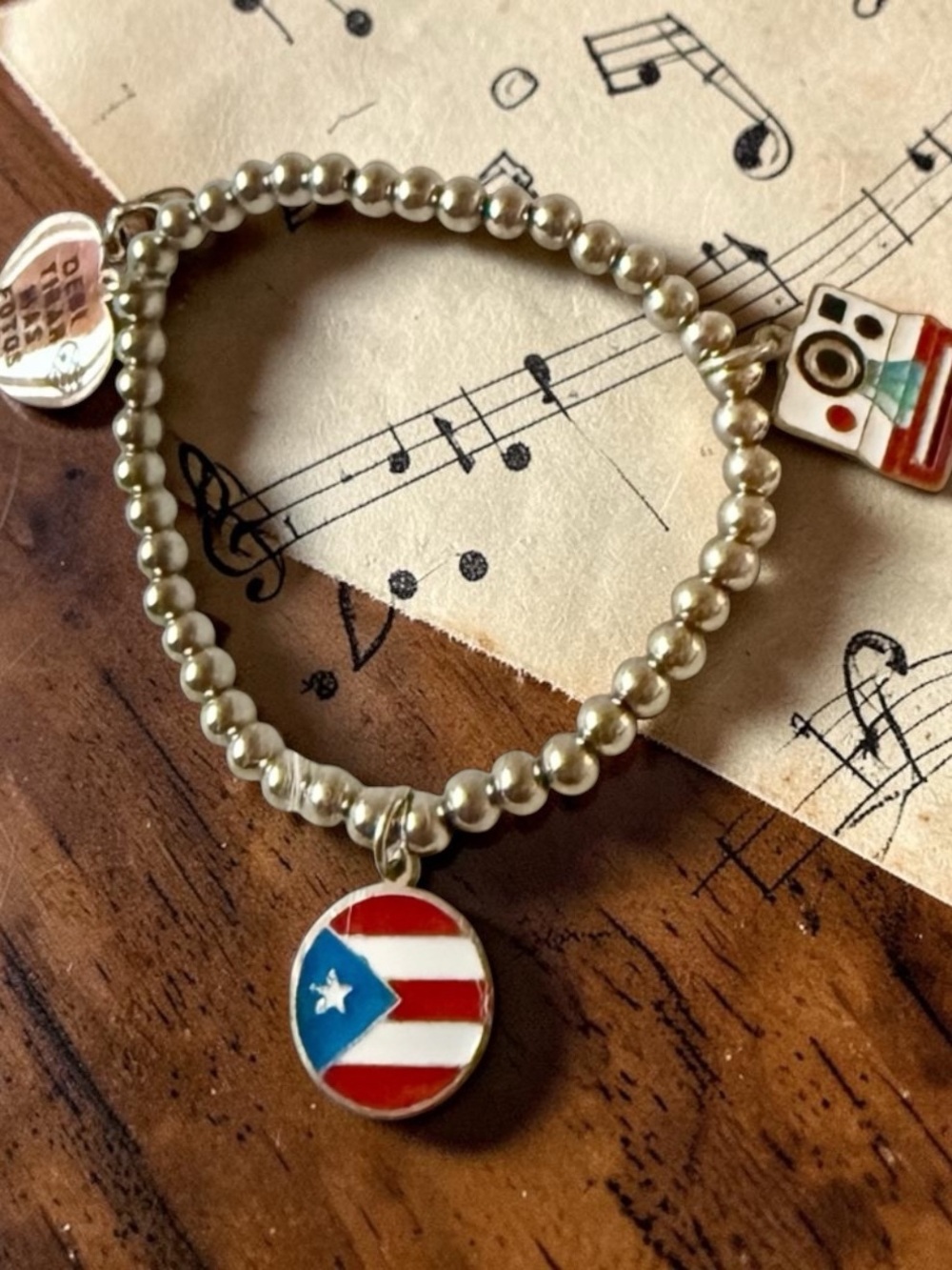 Silver Stainless Steel Elastic Beaded DTMF Bracelet with Puerto Rico Charm